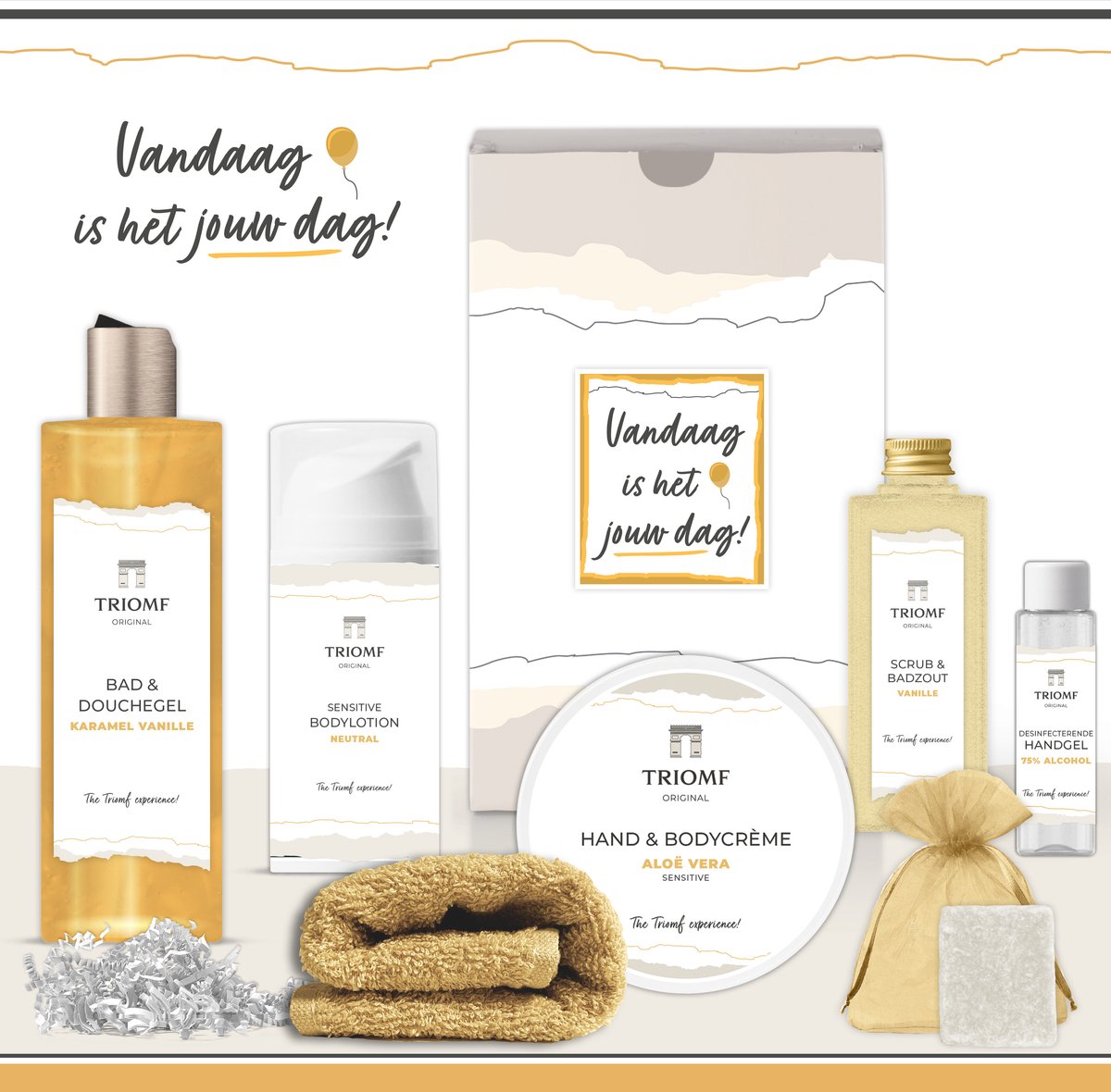 Goedkoopste Geschenkset “Vandaag is het jouw dag!” - 7 producten - 850 gram | Triomf Original - Giftset voor haar - Cadeau Pakket Verjaardag - Geschenk Luxe wellness cadeaubox - Cadeaupakket Vrouw - Gift Set Party - Feestje Geslaagd - Jubileum Collega Goudgeel