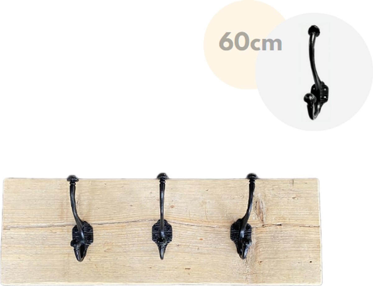 Wandkapstok - Kapstok - 3 haken - Wandplank - Kapstok dubbele haak zwart gietijzer - Steigerhout - 60 cm