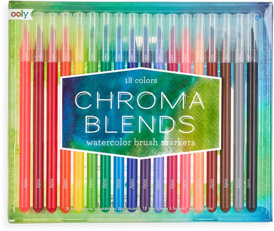 Een doos met achttien 'Chroma Blends' aquarel markers, in regenboogkleuren, met transparante doppen.