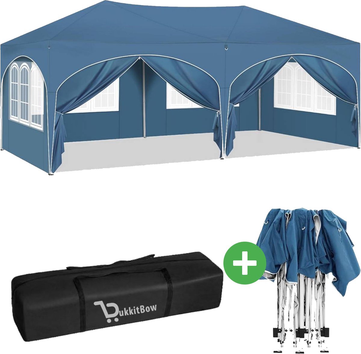 BukkitBow - Dubbele Partytent met Zijwanden – Opvouwbare Tent – Waterdicht en Weersbestendig – Tuinpaviljoen Dubbel uitgevoerd - 600 x 300 cm – Blauw-