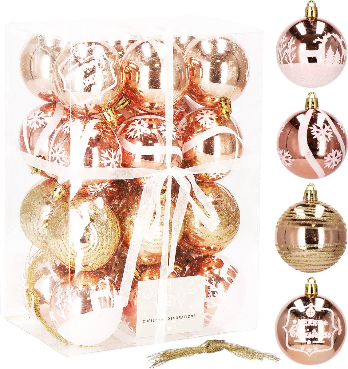 Set van 24 roze gouden kerstballen van 6 cm elk, van het merk Springos, in een feestelijke kerstsfeer.