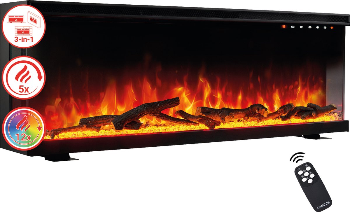 KAMINIO Elektrische haard LEA - Elektrische 3-in-1 haard met panoramaweergave, verwarming, 3D-vlameffect, 12 vlamkleuren, afstandsbediening - 50 inch