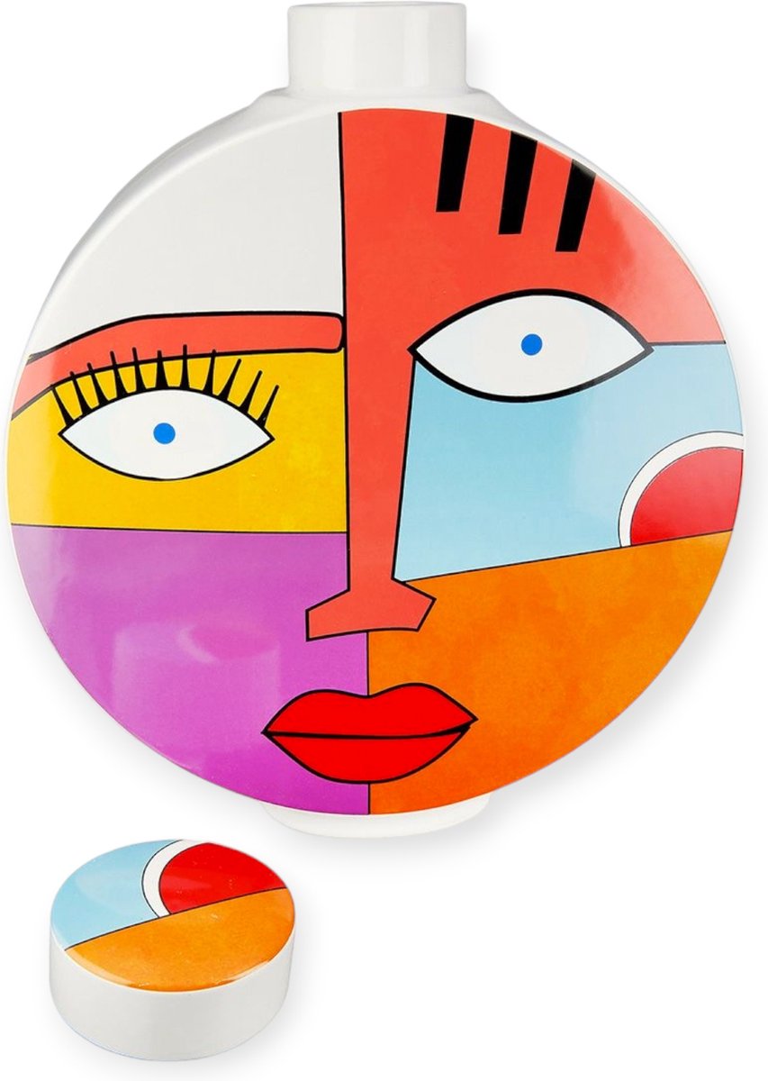 Gilde Handwerk - Vaas - Graphic Face -Grafisch gezicht motief - Multicolour - 7.5x24x29.5cm