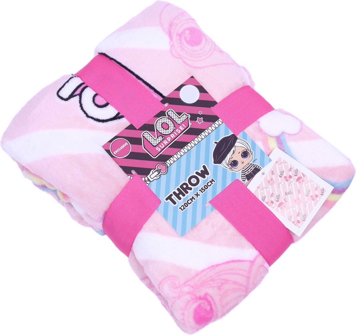 Roze deken met witte strepen en regenbogen 120x150 L.O.L. SURPRISE