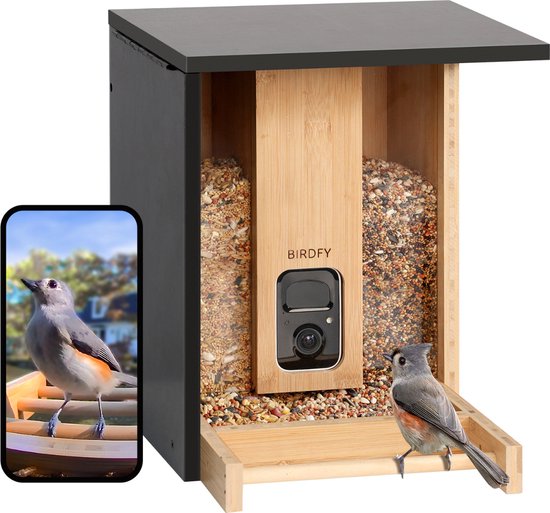 Birdfy Bamboe - Oplaadbaar Vogelhuisje met Camera - Hangend Vogelvoederhuisje - AI Vogelherkenning - Vaderdag Cadeau