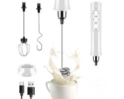 Handheld Milk Frother - USB Rechargeable - 3 Speeds - Electric Whisk - 3 Garden White