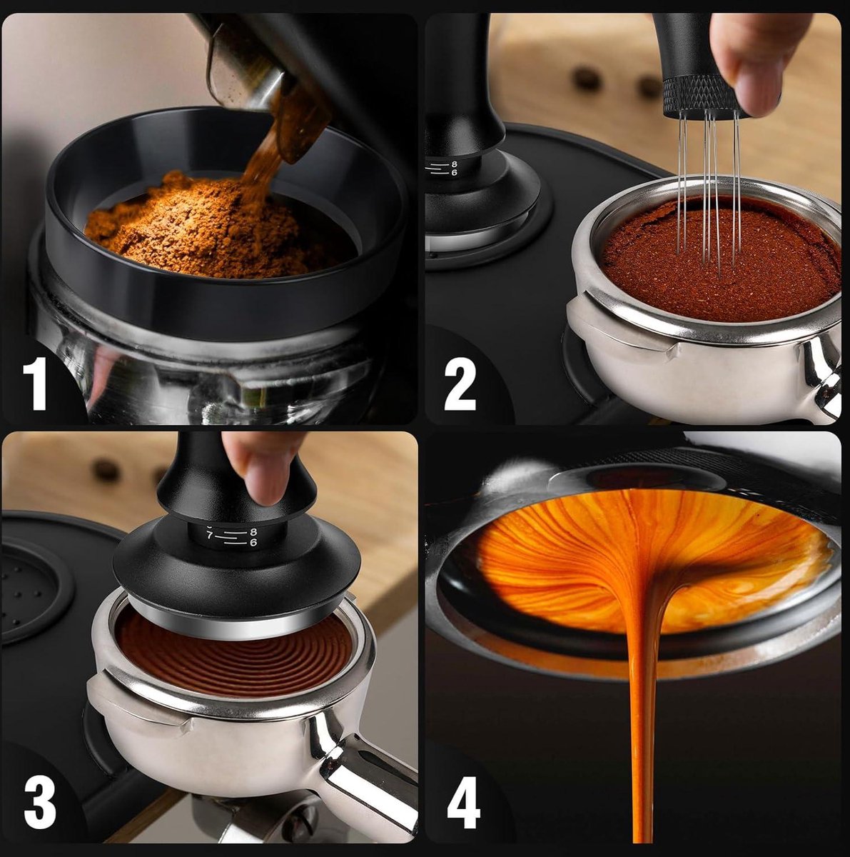 Siebträger Zubehör 51mm Set, Barista Zubehör Set mit Tamper, Dosierring 51mm, 12-Nadel WDT Tool(0.35mm), Coffee Distributor und Silikon tampermatte, Barista Tamper-Set für Cafes und Kaffeeliebhaber