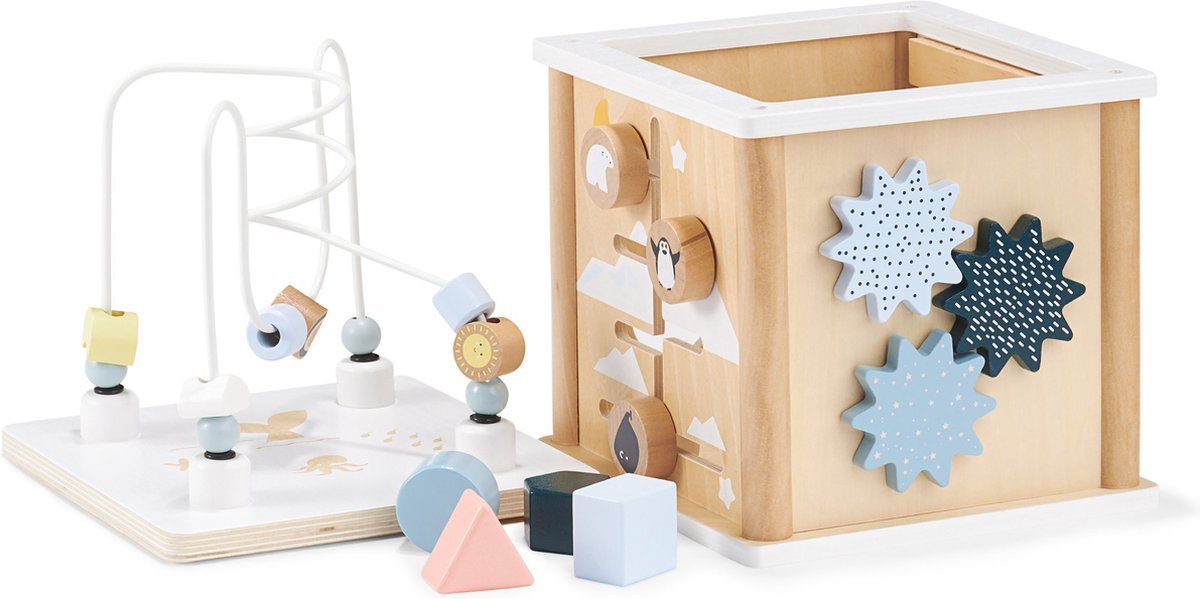 Mamabrum Grote houten activiteitenkubus met lus, gemotoriseerde lus, vormensorteerder, manipulatief doolhof, roterend doolhof educatief speelgoed Baby-activiteitskubus