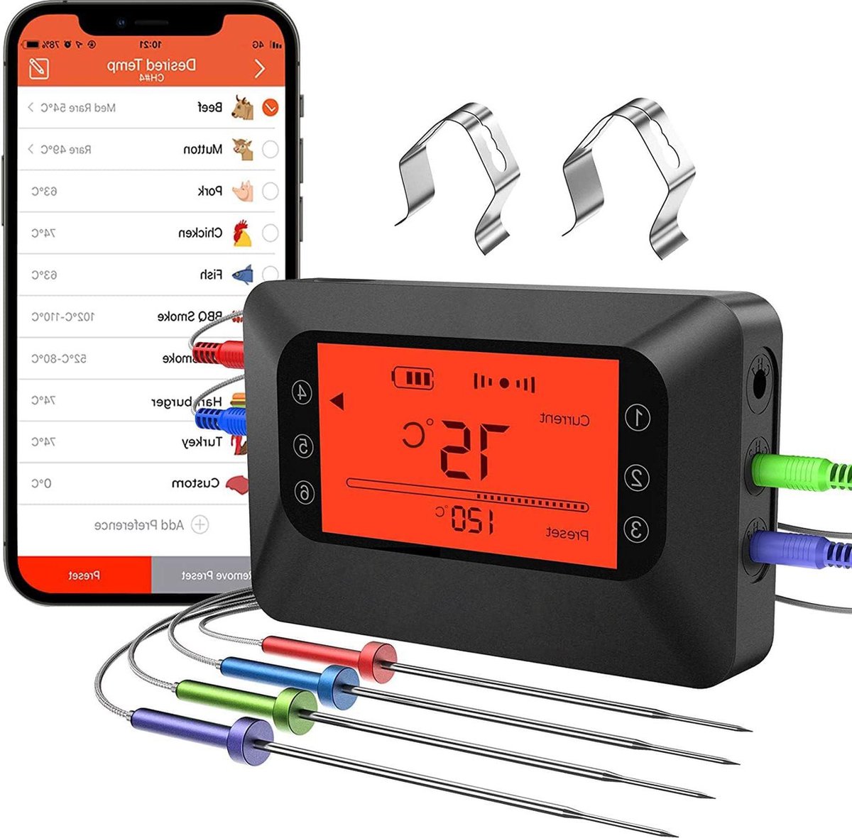 Vleesthermometer voor de barbecue - Bluetooth 4 sensoren grillthermometer - Met achtergrondverlichting - 100 m afstandsbedieningsmonitor - Braadthermometer met timer alarm - Voor de oven
