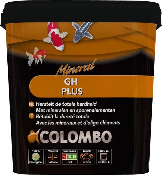 Emmer Colombo Mineral GH PLUS met afbeeldingen van vissen. Tekst: 'Herstelt de totale hardheid met mineralen en sporenelementen'. Inhoud 5.000 ml.