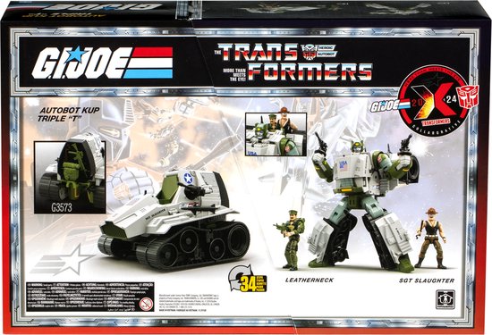 L'arrière de la boîte de l'Autobot Kup Triple "T" avec les figurines G.I. Joe Leatherneck et Sgt Slaughter.