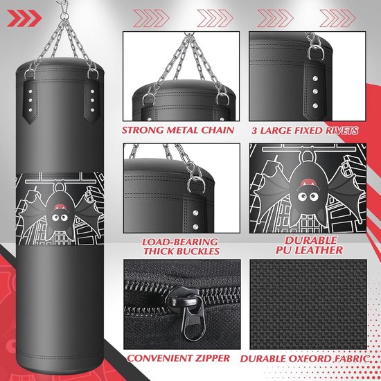 Prorobust Zware bokszak, ongevulde bokszakset met bokshandschoenen, ketting, plafondhaak voor MMA, kickboksen, muay thai, karate, taekwondo (1,0 m, rood