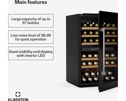 Klarstein Wijnkoeler Vinsider 57 Duo , 2 zones - 57 flessen, 5-22 °C, stil 38 dB, inbouw, UV-beschermd glas, houten planken, roestvrij staal, R600a - Wijnkoelkast - 143L - voor Wijnliefhebber - Houten Schappen Compressor