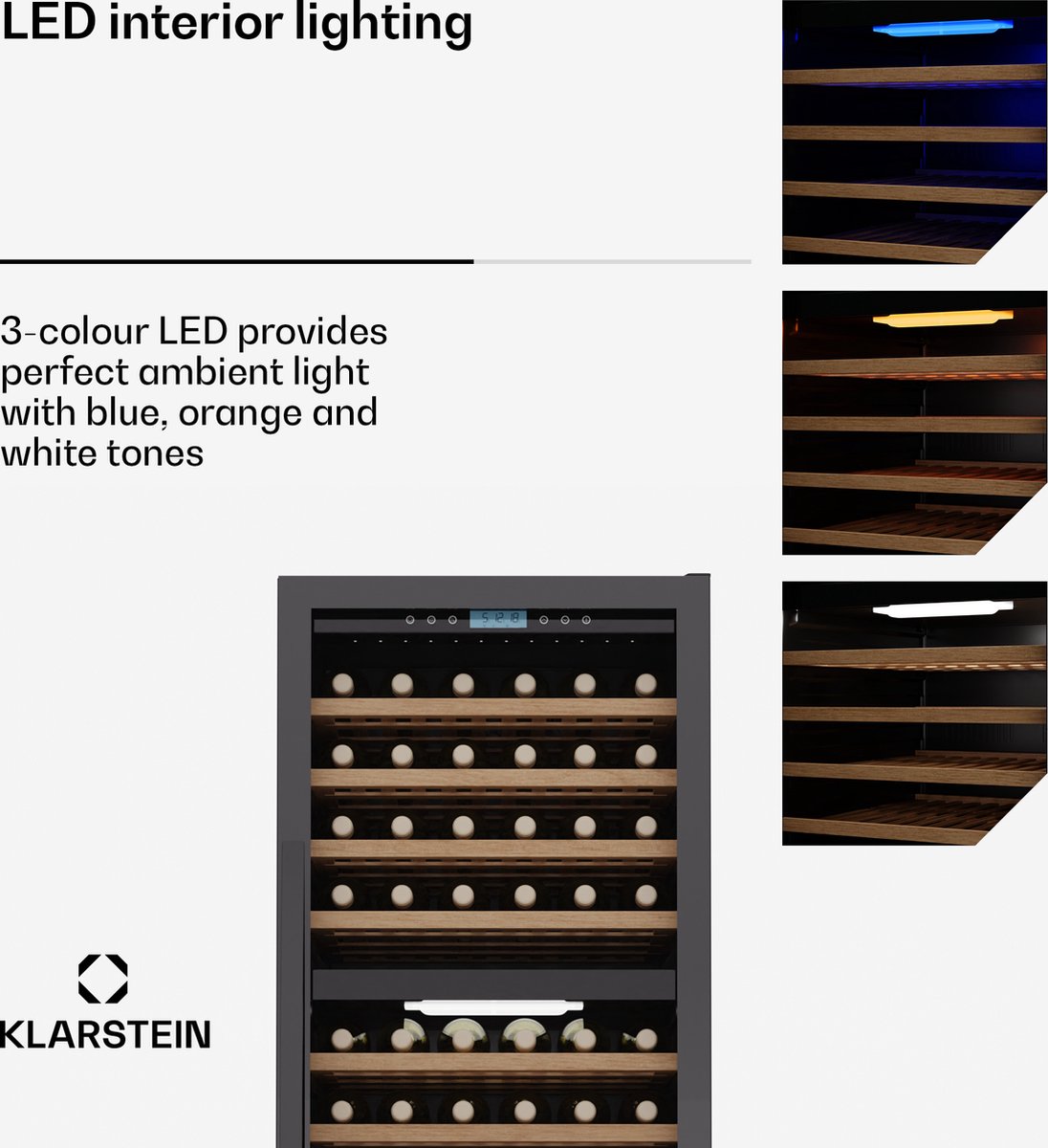 Klarstein Wijnkoeler Vinovilla Trio – 143 flessen, 3 zones, 5–20 °C, LED-verlichting, UV-bescherming, vrijstaand, klimaatkast voor wijn - Wijnkoelkast - 143 Flessen - voor Wijnliefhebber voor Bar - Touch Stil Houten Schappen Compressor - Wit