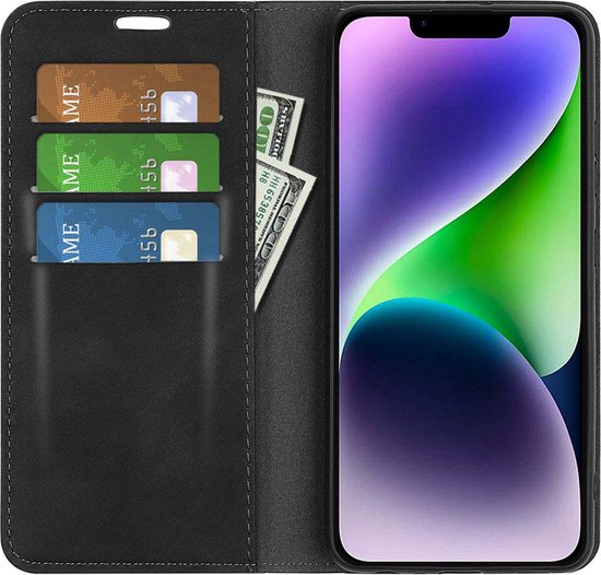 Zwarte portemonnee-telefoonhoes met drie pasjes, bankbiljetten en een telefoon met paarse en groene achtergrond.