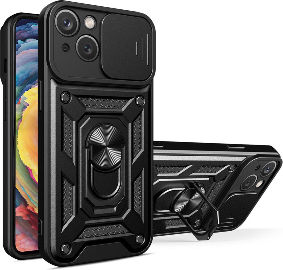 MobyDefend Hoesje - Geschikt voor iPhone 15 - Pantsercase Met Draaibare Ring - Zwart