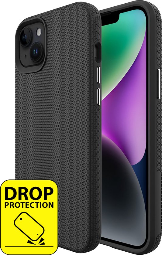 Zwarte iPhone 14 met "Drop Protection" label, textuur patroon aan de achterkant.