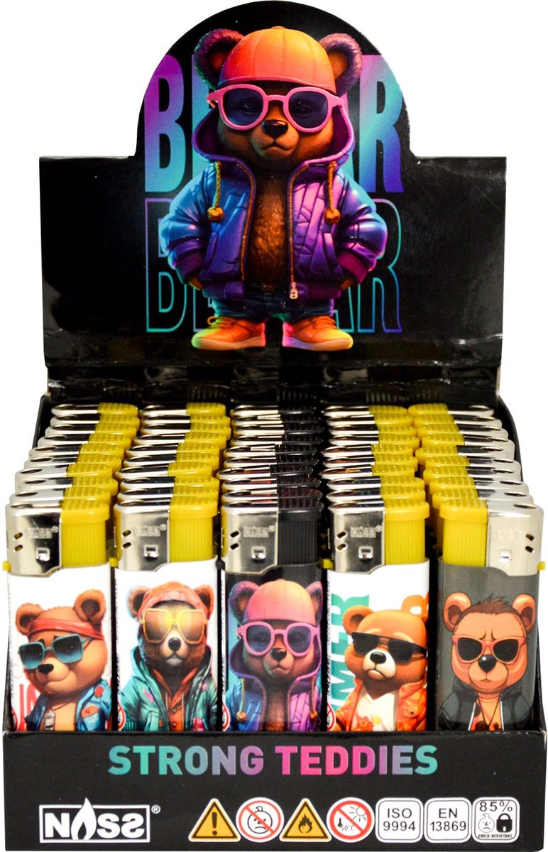 Goedkoopste Elektronische aansteker hervulbaar - Design Strong Teddies - Display 50 stuks - wegwerpaansteker - electronic lighter - klik aanstekers