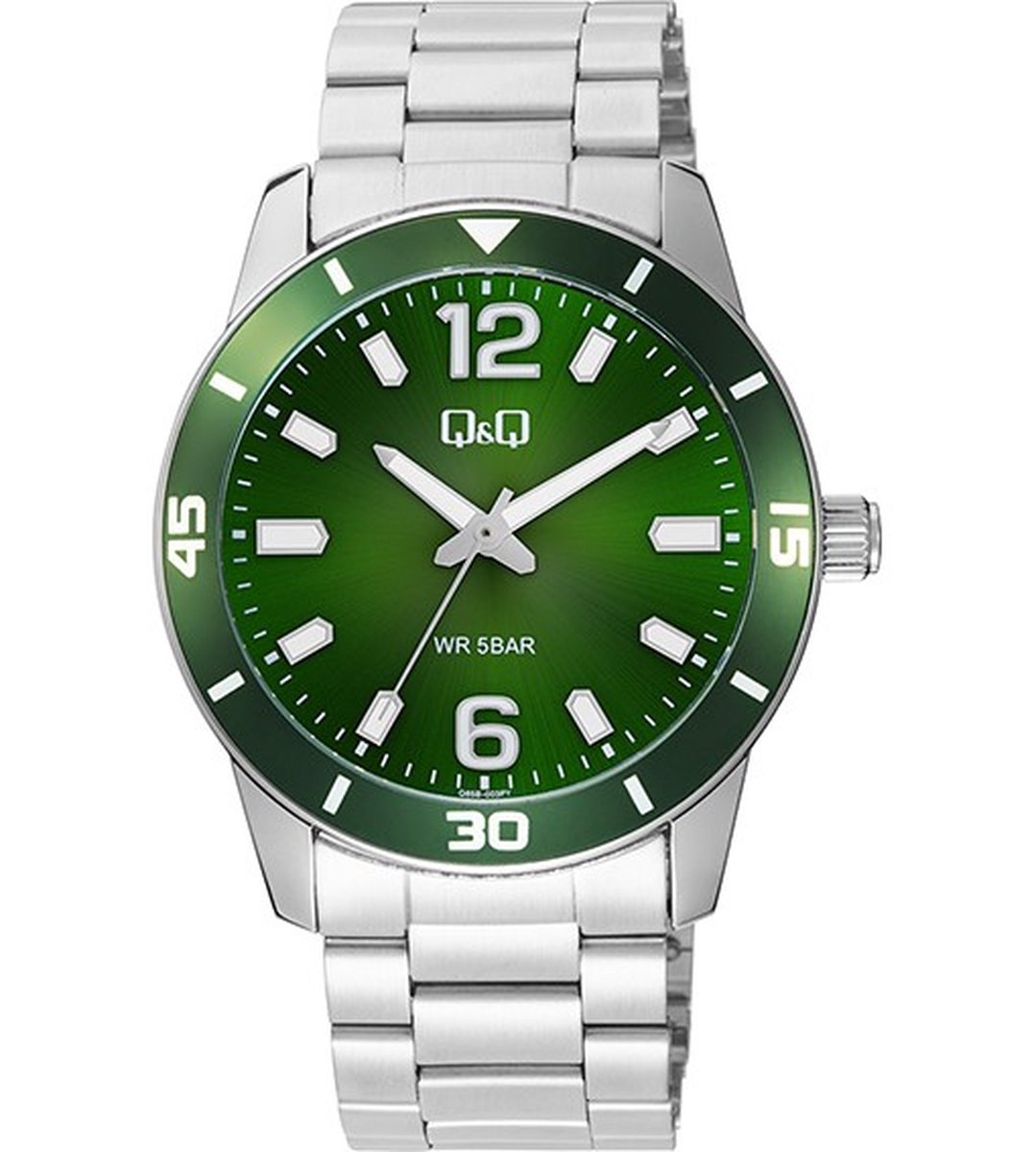 QQ Q85B-003PY - Horloge - Polshorloge - Analoog - Heren - Mannen - stalen band - Rond - Metaal - Streepjes - Cijfers - Zilverkleurig - Zwart - Groen