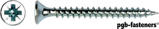 Spaanplaatschroef. 3.5 x 16mm. lang. platkop. kruiskop. verzinkt. 200 stuks houtschroeven. PGB-FASTENERS.