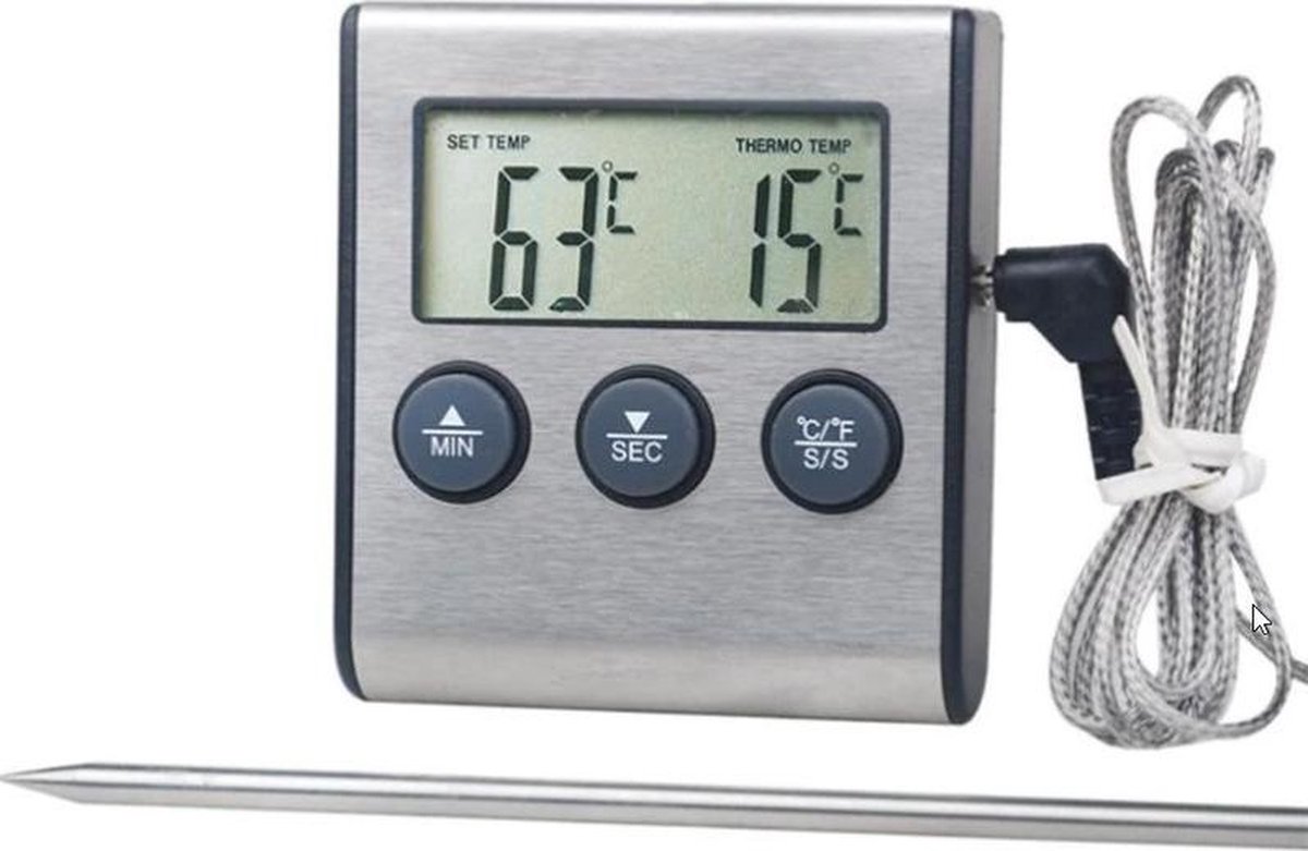 Temperatuur Meter - 2 In 1 Digitale Professionele Thermometer En Wekker - Vleesthermometer - Kern Temperatuurmeter Voor Vlees/Vloeistof - 0-250 Graden Celcius - Merkloos