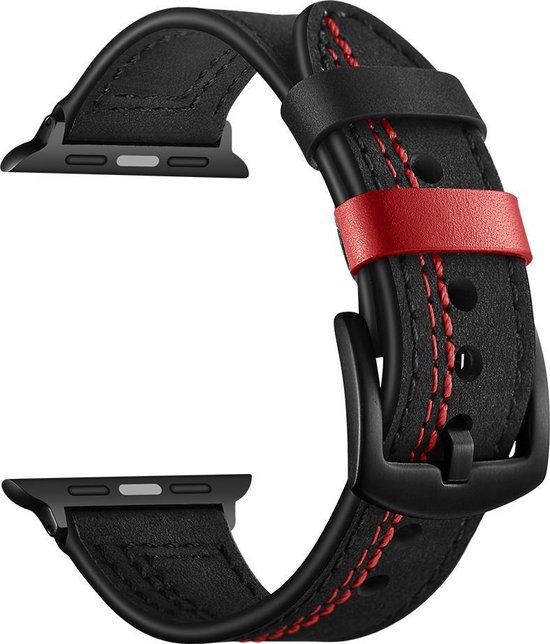 SmartphoneClip® Leer zwart Bandje met rode stiksels geschikt voor Apple Watch 42mm, 44mm, 45mm, en 49 mm (alle generaties)