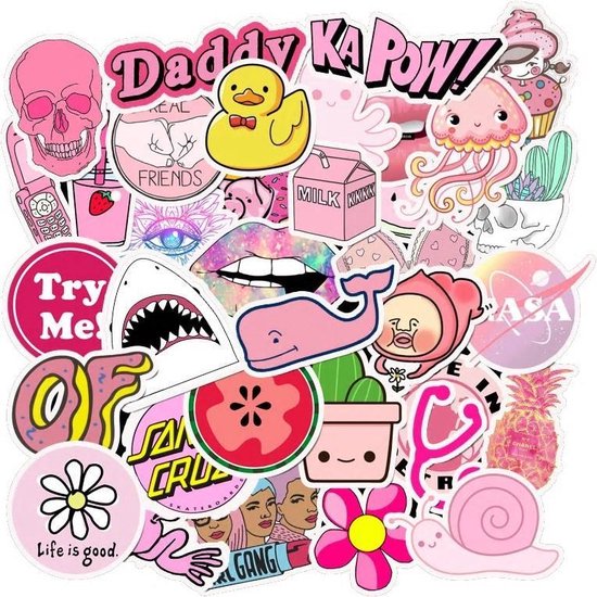Roze sticker mix voor meisjes - 50 stickers met teksten, dieren, plaatjes - voor laptop, muur etc