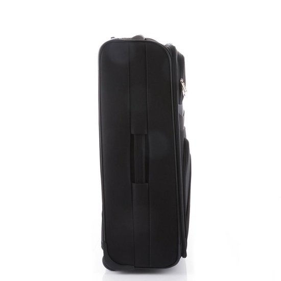 Profil latéral d'une valise noire avec roues et poignée.