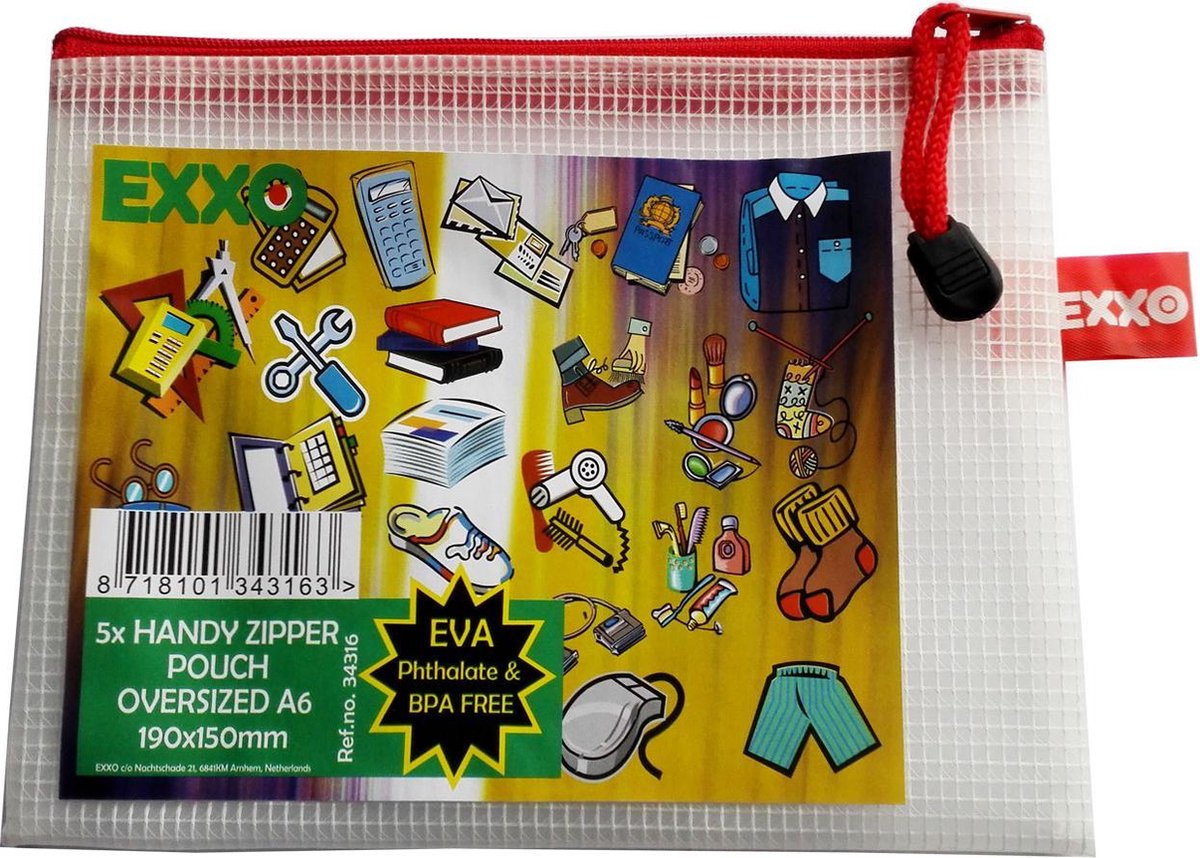 EXXO-HFP #34316 - A6-XL Ftalaat&BPA-vrije Opbergtas - Multi-purpose - Rode rits - 5 stuks (1 pak @ 5 stuks)