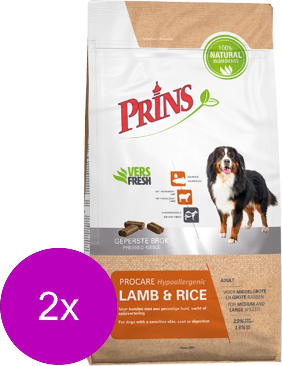 Prins procare lamb&rice hypoallergeen voor de gevoelige volwassen hond – 2 ST à 3 KG