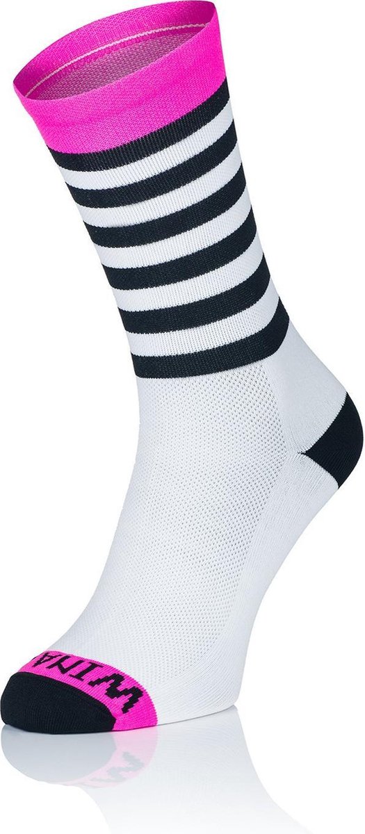 Winaar Fietssokken Zomer Unisex Wit Roze met Zwarte Strepen - BWP Stripes - 45-46