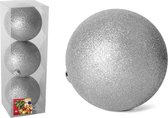 3x stuks kerstballen zilver glitters kunststof diameter 10 cm - Kerstboom versiering