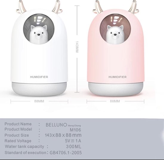 Luchtbevochtiger wit katje - 300 ml koele mist - diffuser - LED-lamp