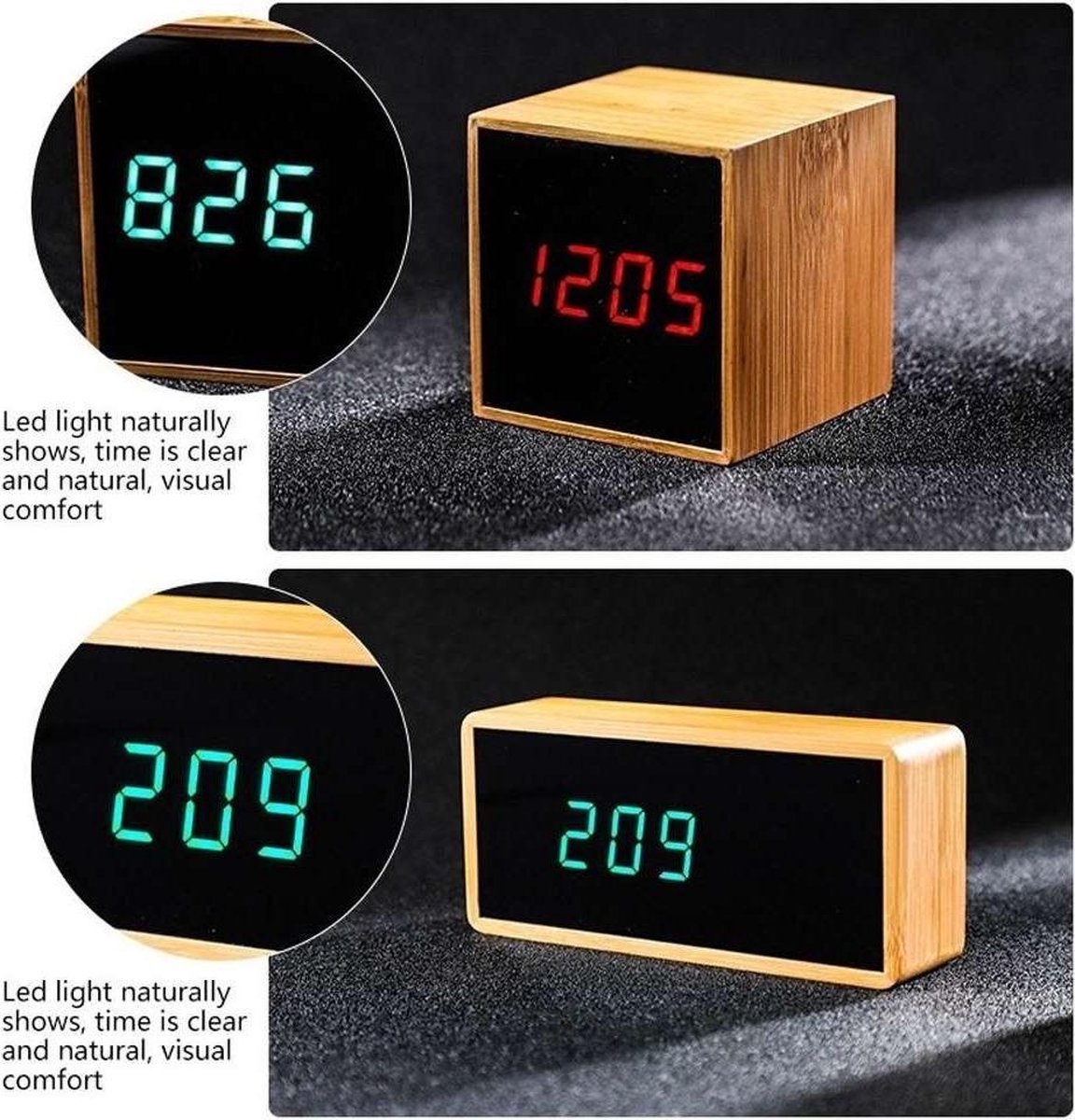 Digitale Wekker met Rode LED Cijfers - Bamboo - 15x7x4.5cm | bol.com