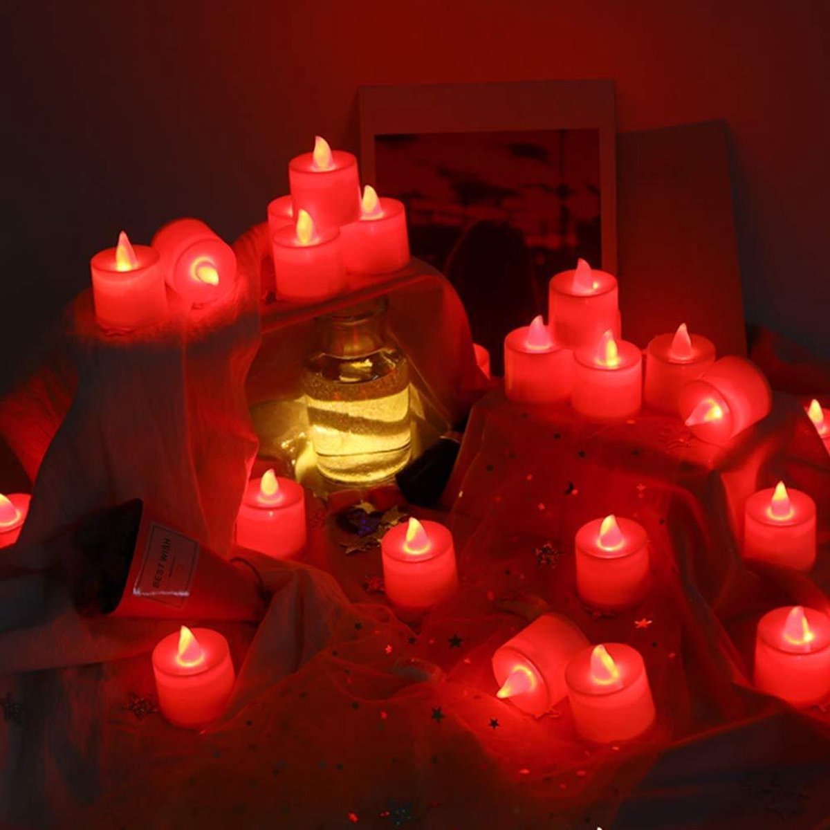 Bougie chauffe-plat à lED rouge lume Prestige à batterie type bougie pour cimetière avec de 2 piles accus déjà en enveloppe