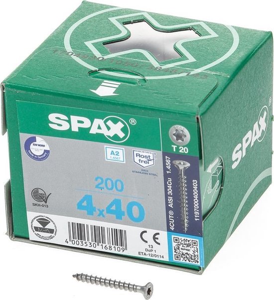 Spax Spaanplaatschroef platverzonken kop RVS T-Star T20 voldraad 4.0x40mm (per 200 stuks) - Spax