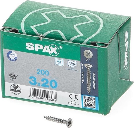 Spax Spaanplaatschroef RVS PK 3.0 x 20 (200) - 200 stuks - Spax