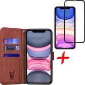 iphone 11 hoesje - iphone 11 case bruin book cover leer wallet - hoesje iphone 11 apple - iphone 11 hoesjes cover hoes - 1x iphone 11 screenprotector glas tempered glass screen pro
