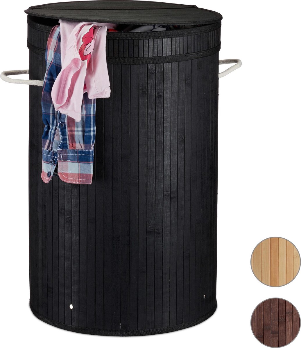 Relaxdays wasmand inklapbaar, mand voor wasgoed, deksel, 58 l, draagbaar, bamboe & stof, 62,5x43 x42 cm, grijs/natuur
