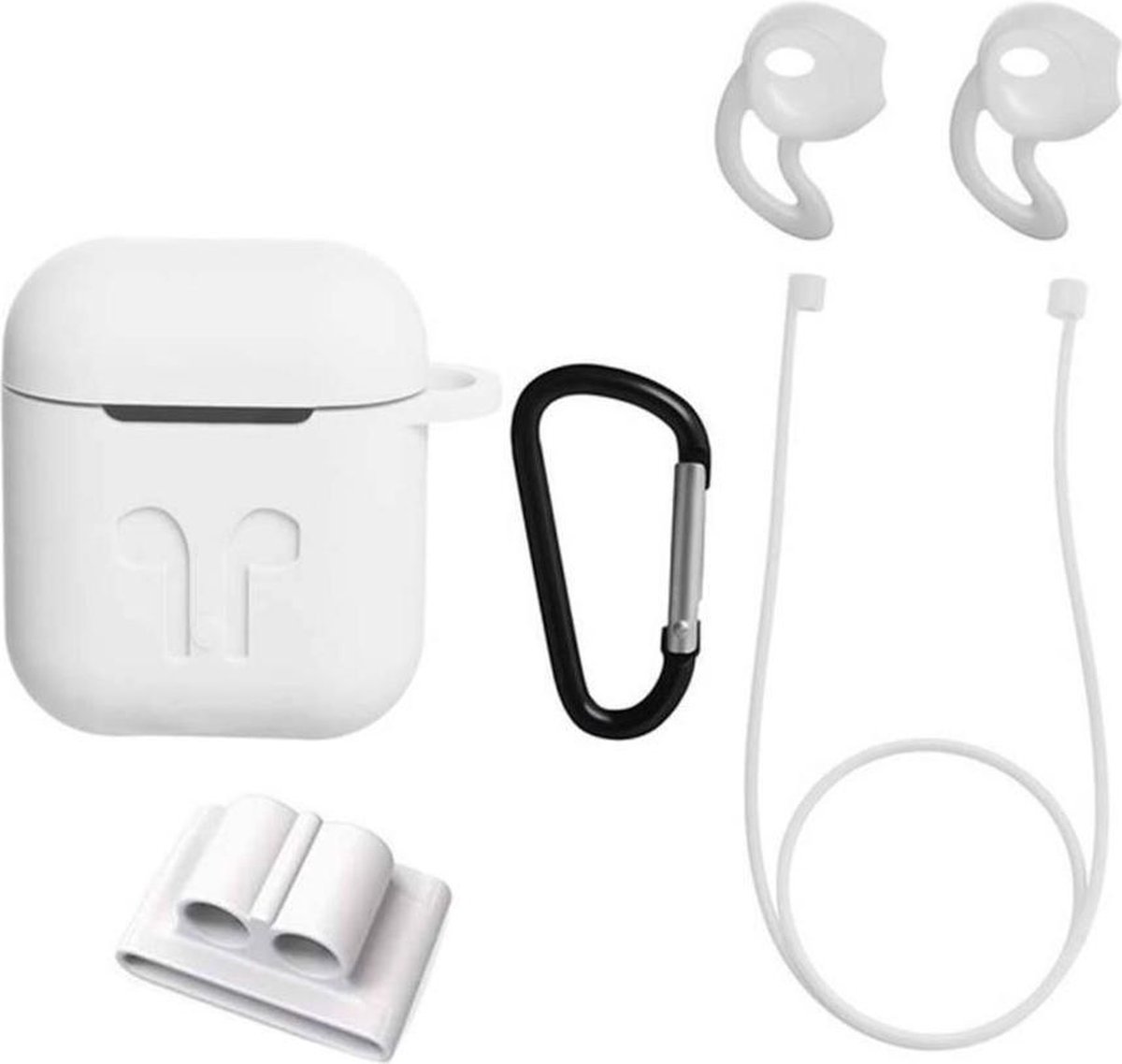 Airpods Hoesje Wit - Siliconen Case Cover voor Apple Airpods - 5 in 1 set met Anti Lost Strap en Haak