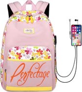 Roze Rugzak met Hartjes patroon en USB Aansluiting - Schooltas / Rugtas / Laptoptas voor Dames en Meisjes