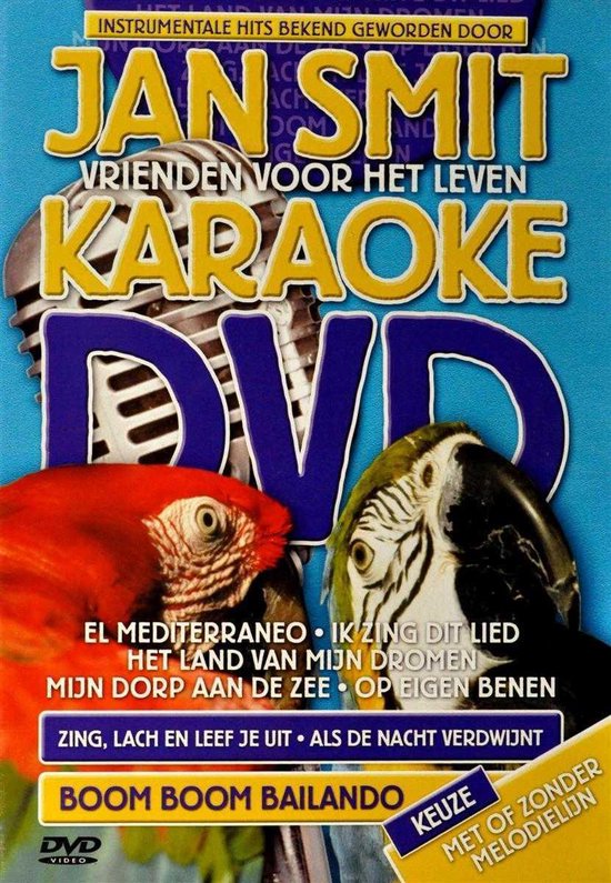 Jan Smit Karaoke DVD met twee papegaaien en microfoon.