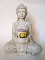 Meditatie Boeddha met kaarshouder steengrijs - 27 - Polyresin - M