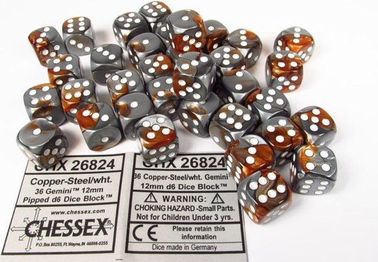 Chessex Gemini Koper-Staal/wit D6 12mm Dobbelsteen Set (36 stuks)