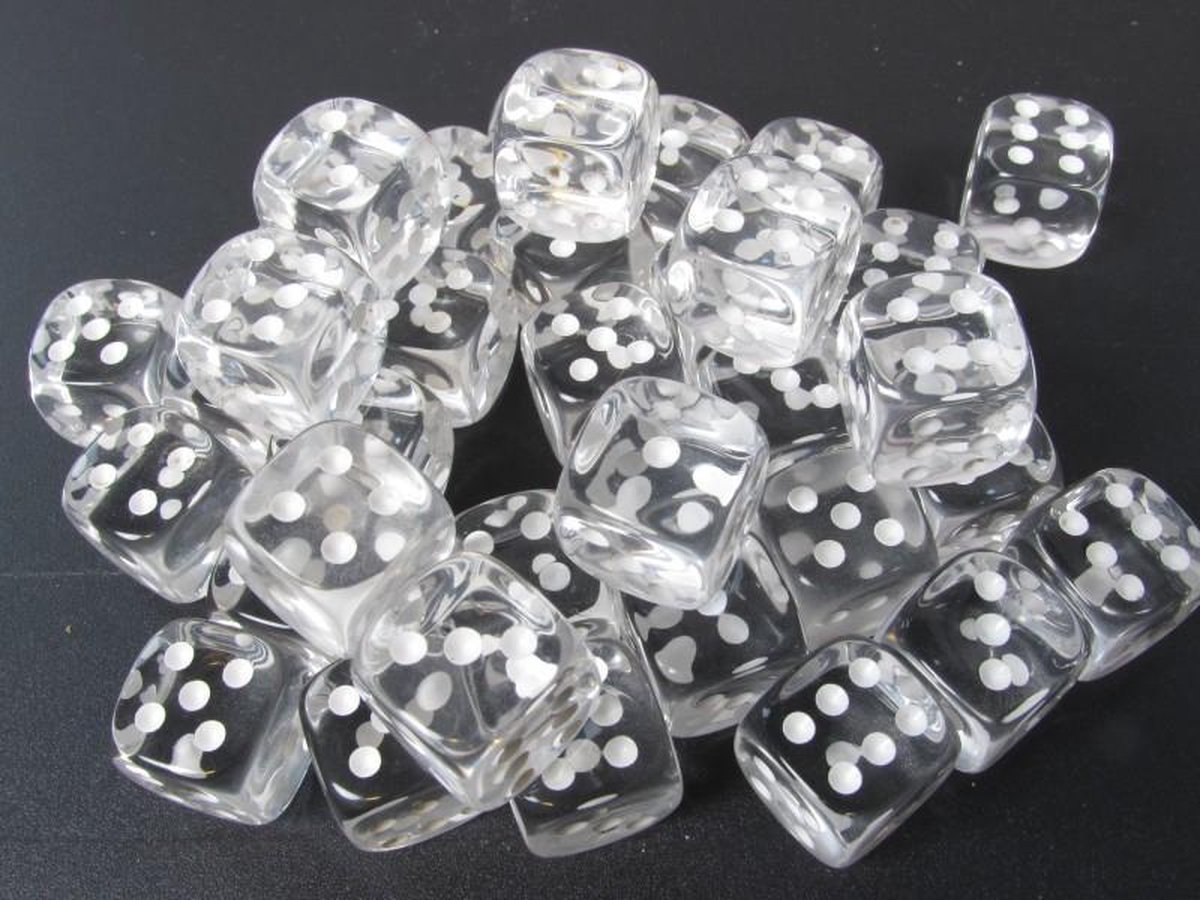 Chessex Translucent Clear/white D6 12mm Dobbelsteen Set (36 stuks)