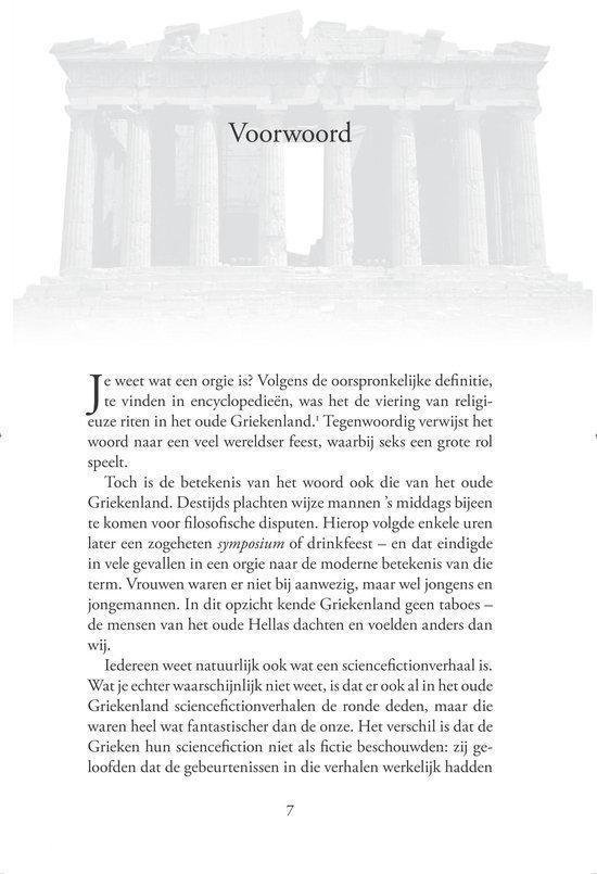Voorwoord met een afbeelding van Griekse zuilen, tekst over orgieën in het oude Griekenland.