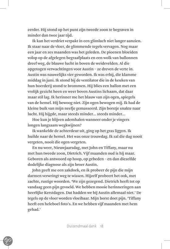 Tekst van een boekpagina met een verhaal over een familie die rouwt om het verlies van hun zoons Austin en Dietrich. De tekst beschrijft herinneringen en verdriet.