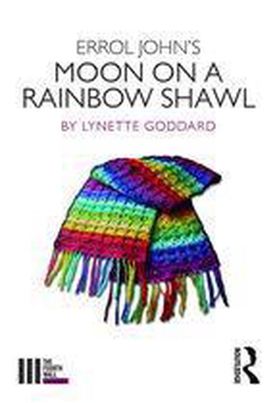 Couverture de livre 'Moon on a Rainbow Shawl' montrant une écharpe crochetée multicolore à franges sous le titre.