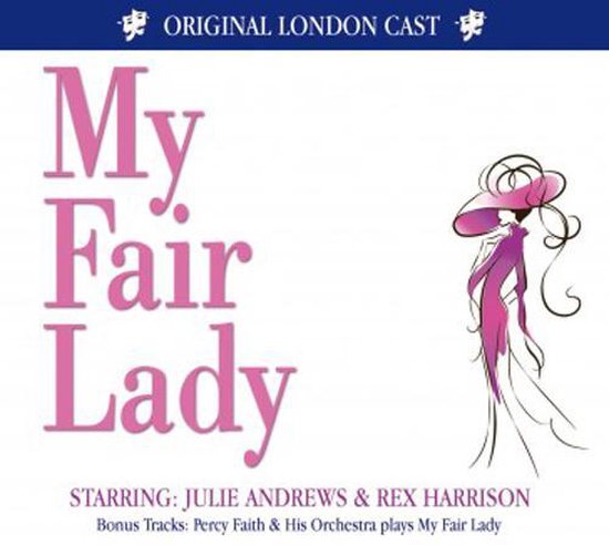 Albumhoes My Fair Lady met roze tekst en een illustratie van een vrouw met een hoed.