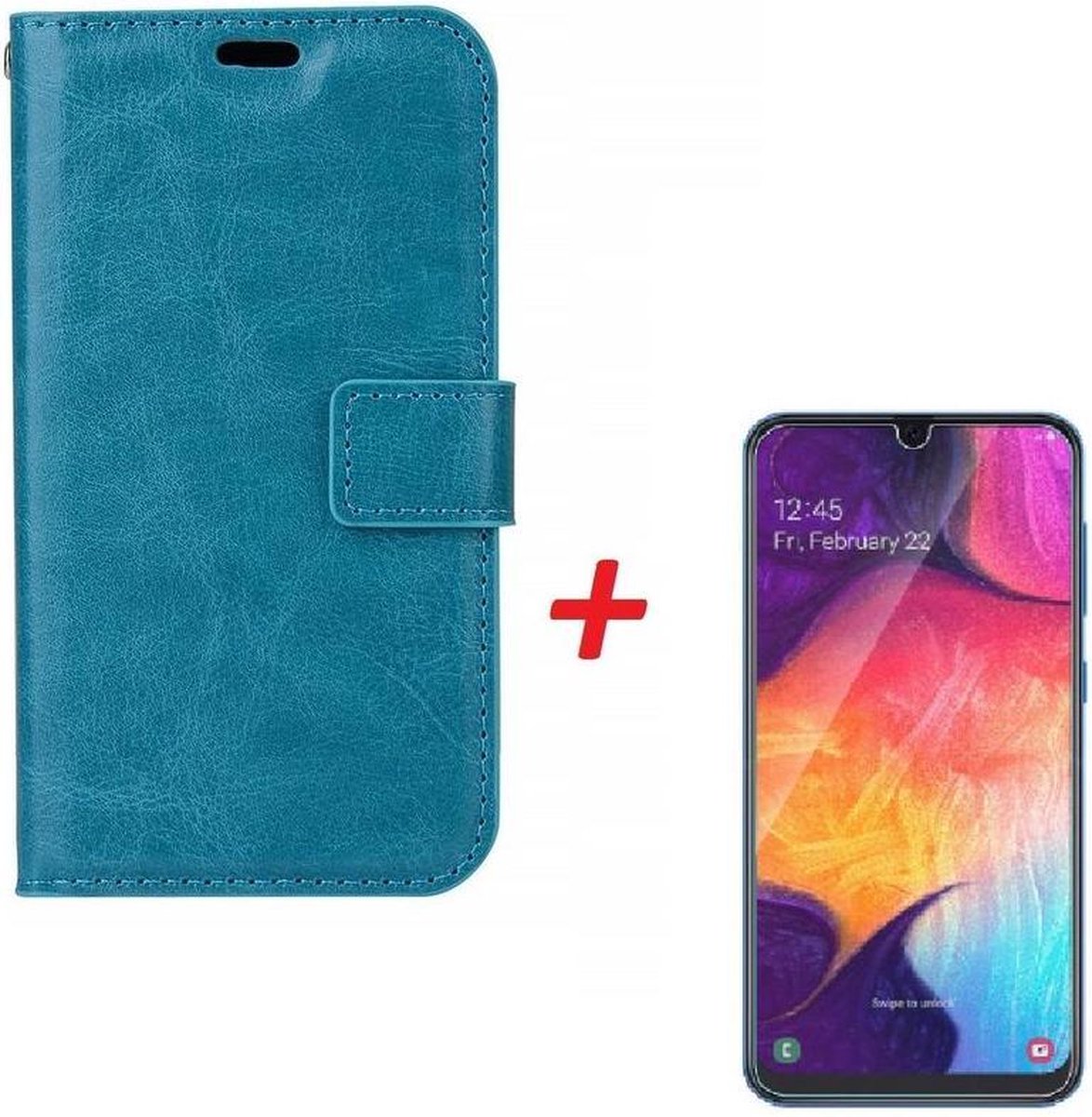Samsung Galaxy A70 Portemonnee hoesje Turquise met Tempered Glas Screen protector